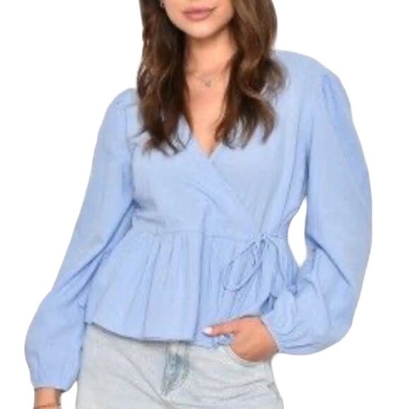 NWT Rachel Zoe Linen Top Blouse Peplum Wrap Tie Waist Women M Blue 100% Linen - Picture 1 of 13